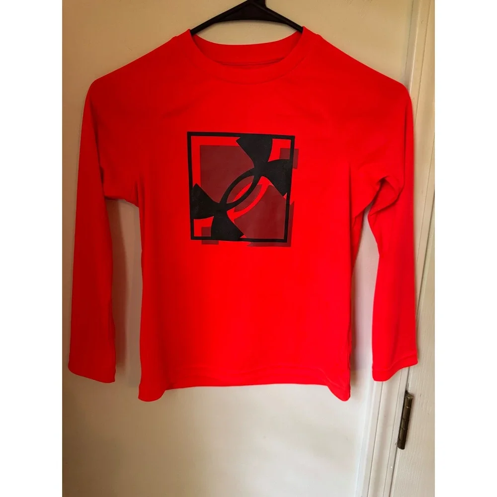 Under Armour Kids Red Long Sleeve Graphic Logo Performance Shirt YXS Loose Fit
